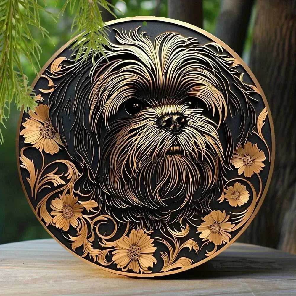 Cute Dog Gift Mask Theme Round Metal Aluminum Sign Art Desktop Decorative Plates For Bar Cafe Club Yard Home Office Wall Decor - Finnigan's Play Pen