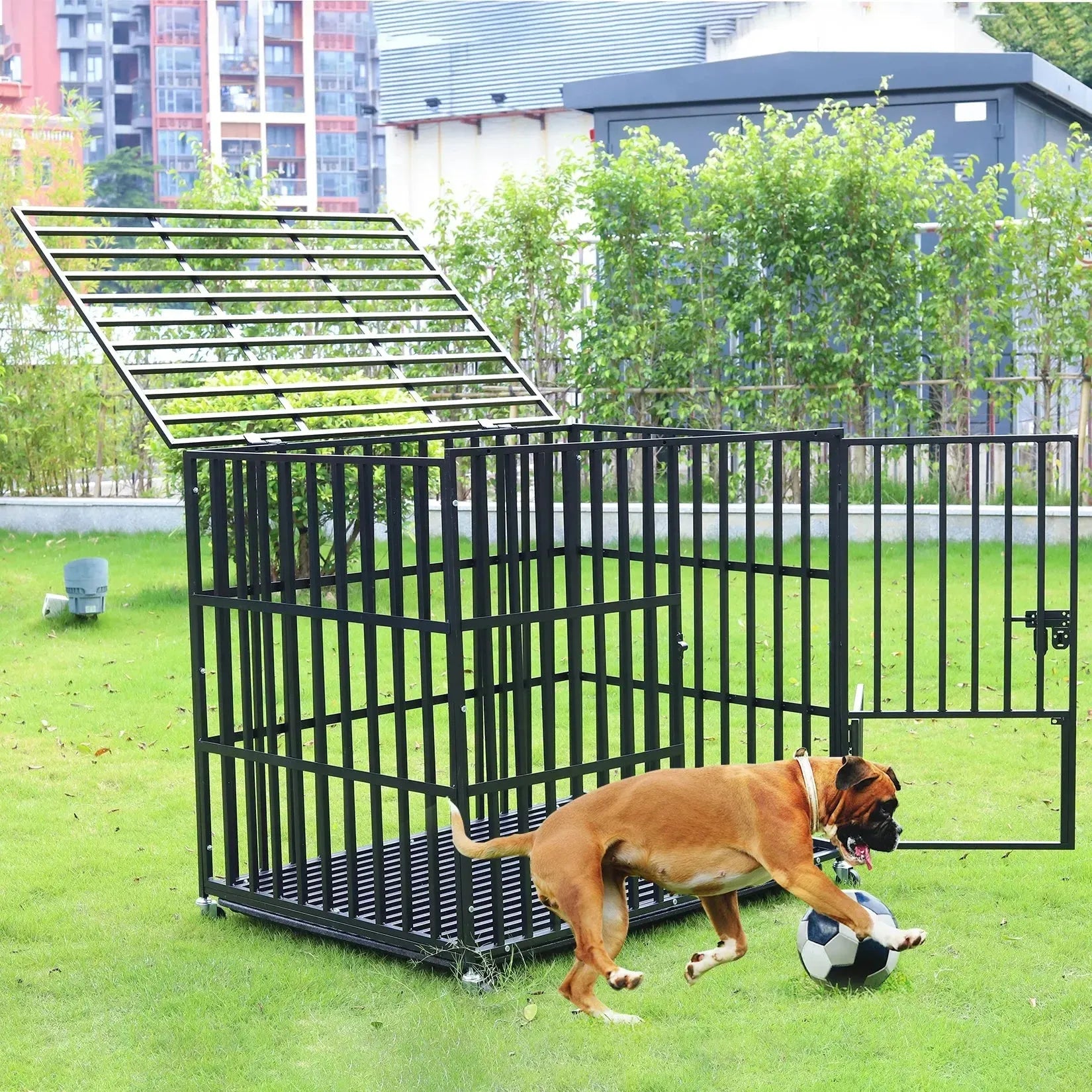 L XL XXL Heavy Duty Dog Crate with 4 Lockable Wheels 3 Doors and Removable Tray Metal Pet Kennels Cage Playpen - Finnigan's Play Pen
