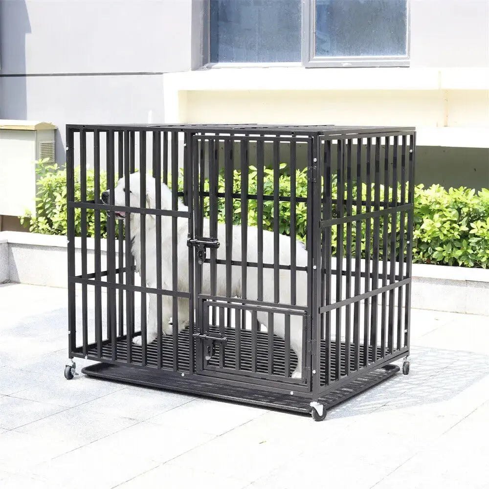 L XL XXL Heavy Duty Dog Crate with 4 Lockable Wheels 3 Doors and Removable Tray Metal Pet Kennels Cage Playpen - Finnigan's Play Pen