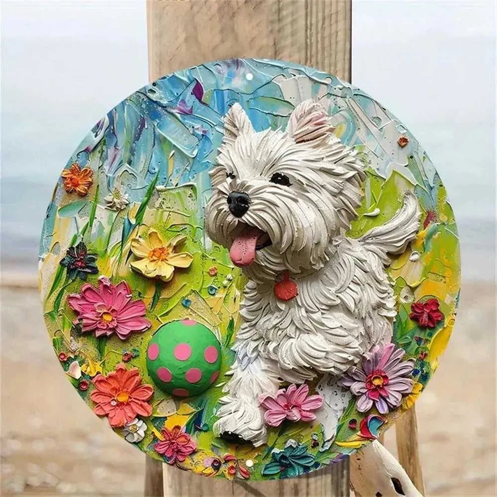 Round Metal Aluminum Sign Art Cute Dog Wreath Decorative Plates Entrance Decor Gift Mask Theme For Bar Club Home Room Wall Decor - Finnigan's Play Pen