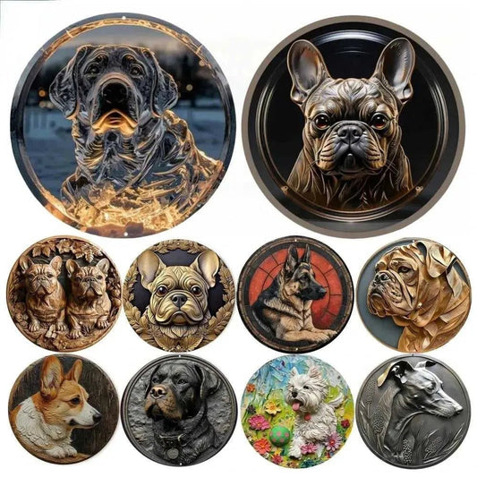 Round Metal Aluminum Sign Art Cute Dog Wreath Decorative Plates Entrance Decor Gift Mask Theme For Bar Club Home Room Wall Decor - Finnigan's Play Pen