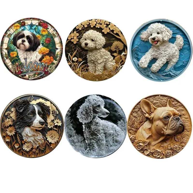 Round Metal Tin Sign Art Painting Wreath Decorative Plates Adorable Pet Cat Dog Plaque Poster for Bar Cafe Club Room Wall Decor