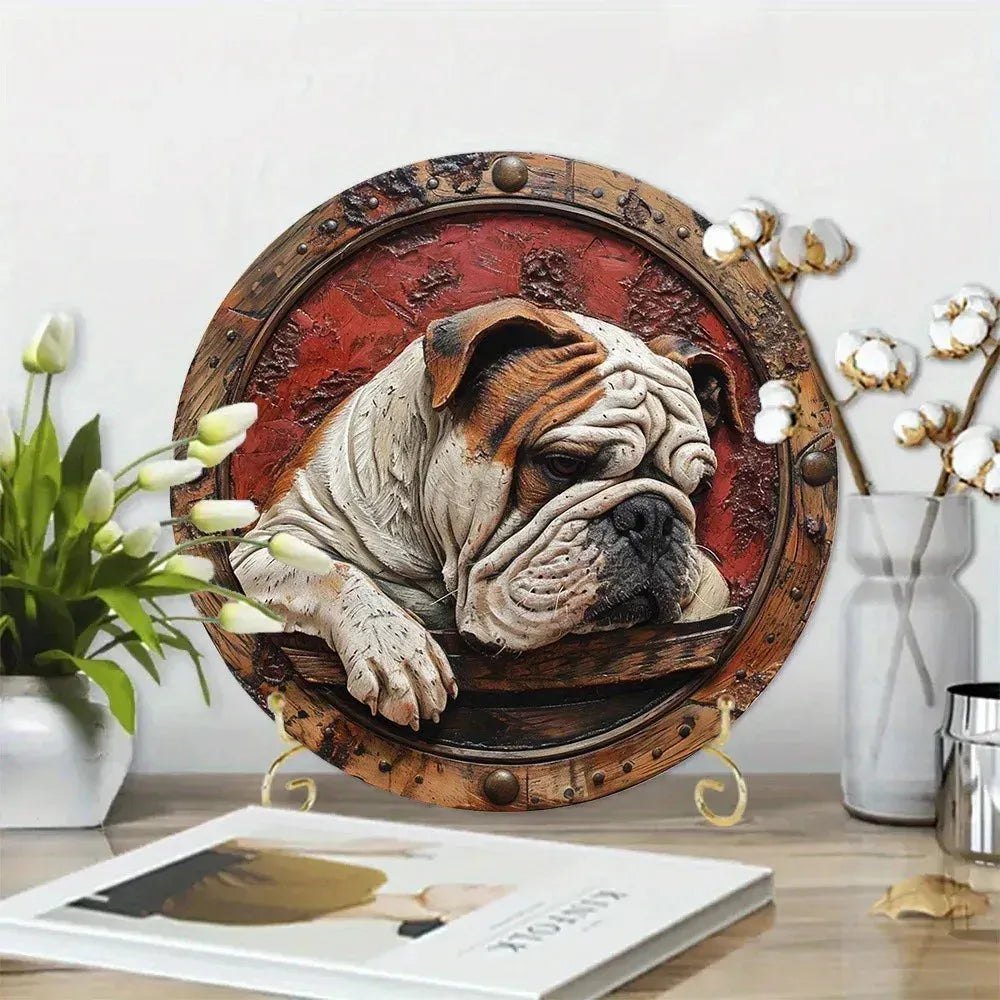 Round Metal Aluminum Sign Faux Embossing Wreath Sign Living Room Decoration Mother's Day Gifts French Bulldog Themed Decoration - Finnigan's Play Pen