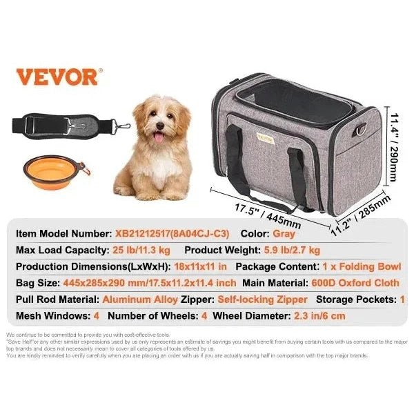 VEVOR Pet Cat Carrier Breathable Outgoing Dog Carry Backpack with Telescopic Handle Wheels and Shoulder Strap for Travel Trip - Finnigan's Play Pen