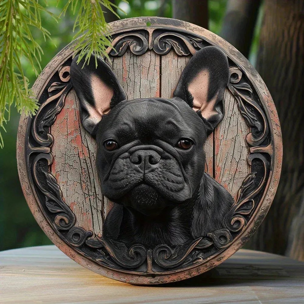 Round Metal Aluminum Sign Faux Embossing Wreath Sign Living Room Decoration Mother's Day Gifts French Bulldog Themed Decoration - Finnigan's Play Pen