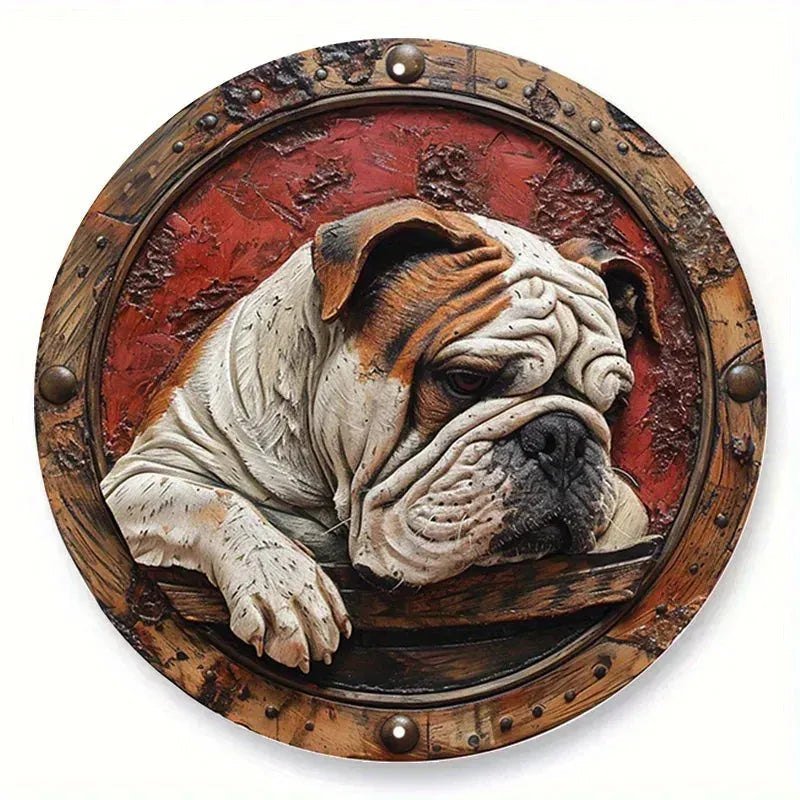 Round Metal Aluminum Sign Faux Embossing Wreath Sign Living Room Decoration Mother's Day Gifts French Bulldog Themed Decoration - Finnigan's Play Pen