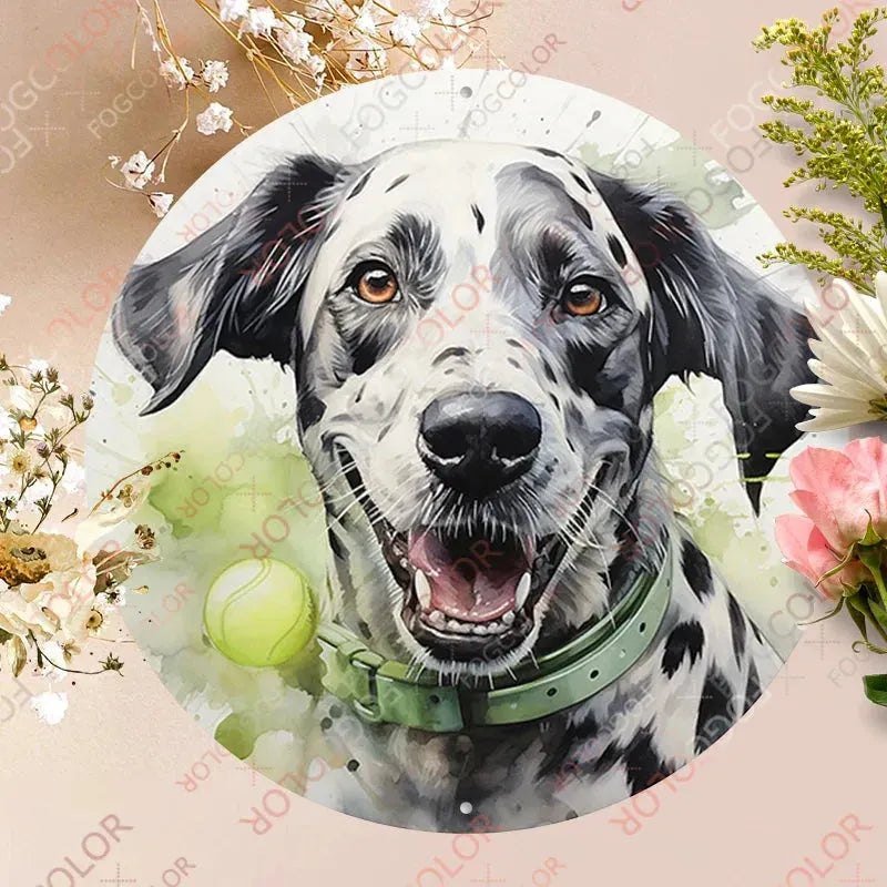 1pc 8x8inch(20x20cm) Round Aluminum Sign Dalmatian Metal Dog,Wreath Signs For Home Bedroom Office Living Room Decor - Finnigan's Play Pen