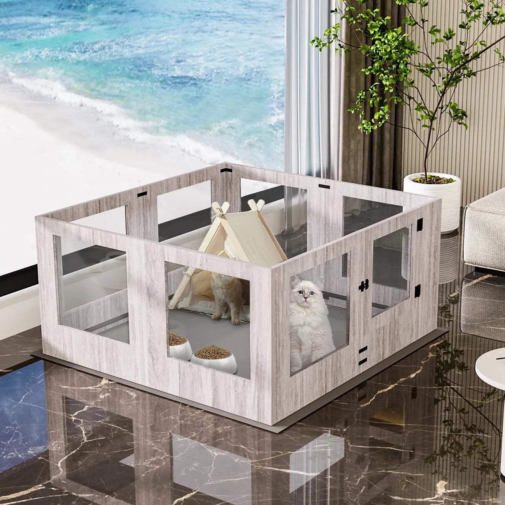 Tempered Glass Dog Puppies Playpen for Indoor Pet Whelping Pen Exercise Fence Box Cage with Waterproof Fertility Pad - Finnigan's Play Pen