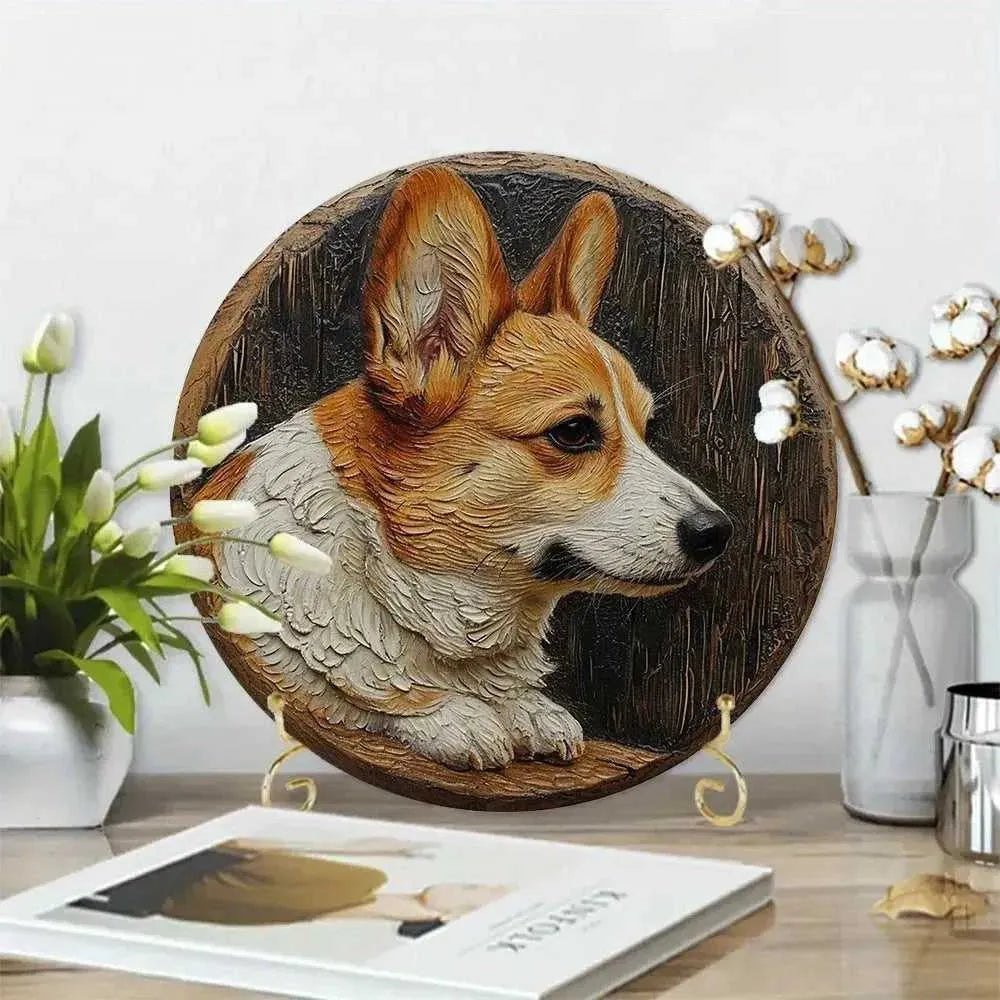 Round Metal Aluminum Sign Art Cute Dog Wreath Decorative Plates Entrance Decor Gift Mask Theme For Bar Club Home Room Wall Decor - Finnigan's Play Pen