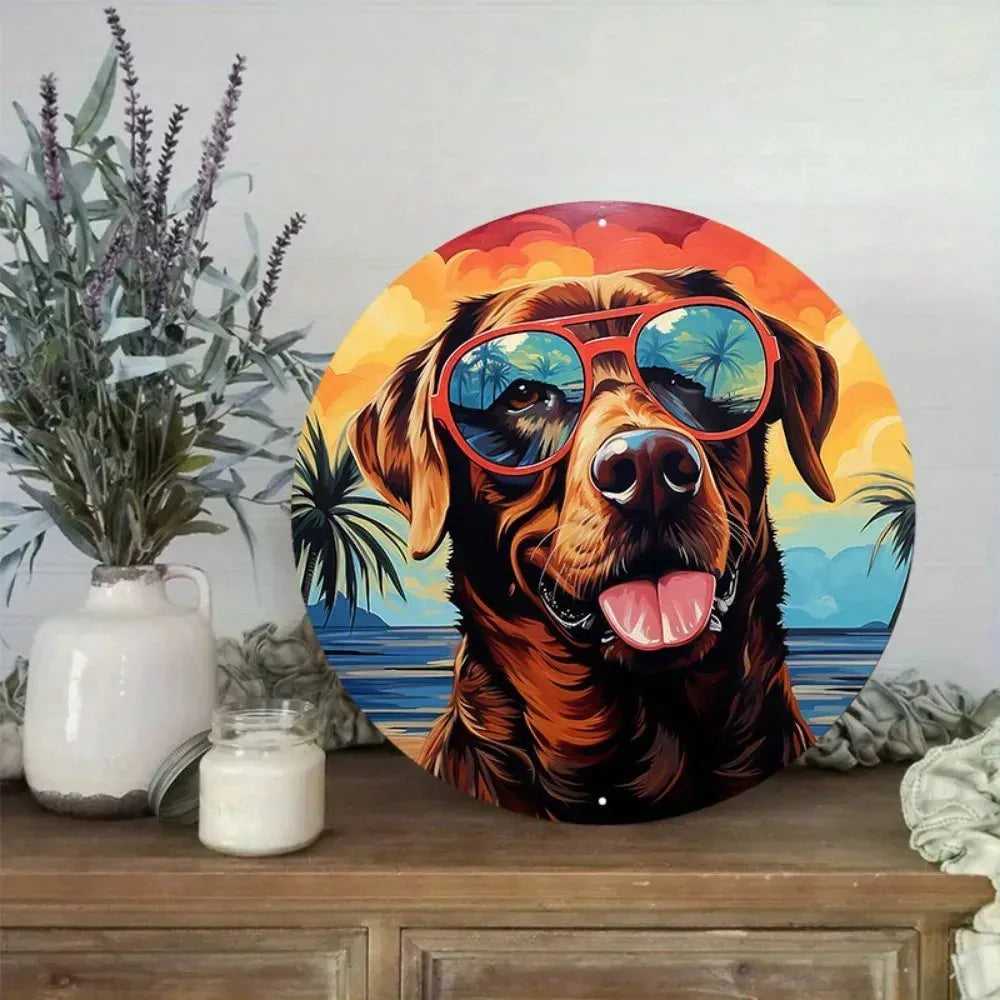 Round Metal Aluminum Sign Art Cute Dog Wreath Decorative Plates Entrance Decor Gift Mask Theme For Bar Club Home Room Wall Decor - Finnigan's Play Pen
