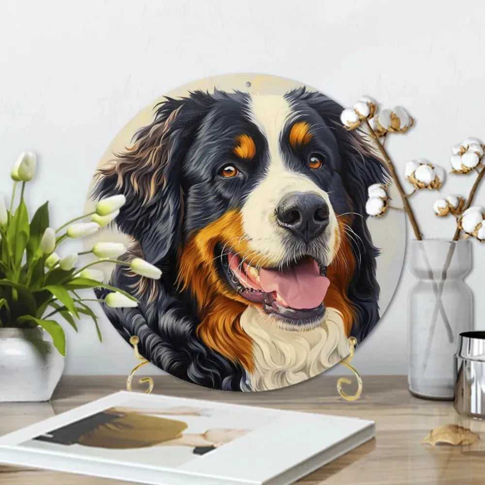 Round Metal Aluminum Sign Art Cute Dog Wreath Decorative Plates Entrance Decor Gift Mask Theme For Bar Club Home Room Wall Decor - Finnigan's Play Pen