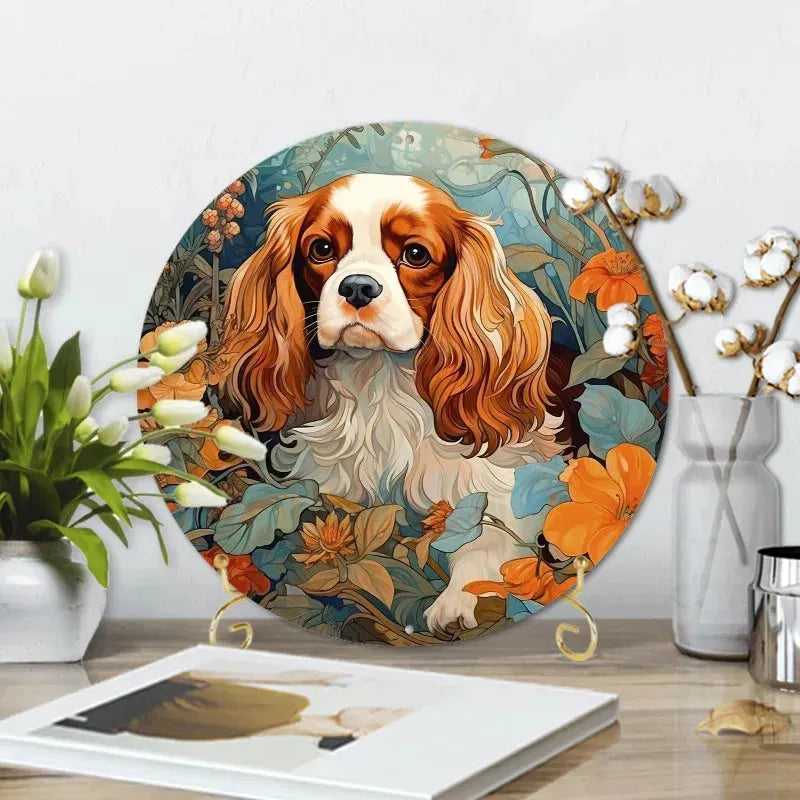 Round Metal Aluminum Sign Art Cute Dog Wreath Decorative Plates Entrance Decor Gift Mask Theme For Bar Club Home Room Wall Decor - Finnigan's Play Pen