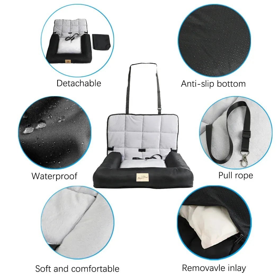 Car Seat Bed for Dog Waterproof Pet Cushion Bed Mat Dog Carrier with Removable Pad Cover and Safety Belt 3 Sizes - Finnigan's Play Pen