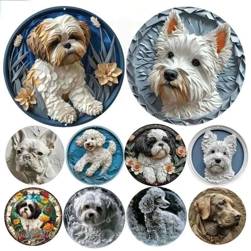 Round Metal Tin Sign Art Painting Wreath Decorative Plates Adorable Pet Cat Dog Plaque Poster for Bar Cafe Club Room Wall Decor