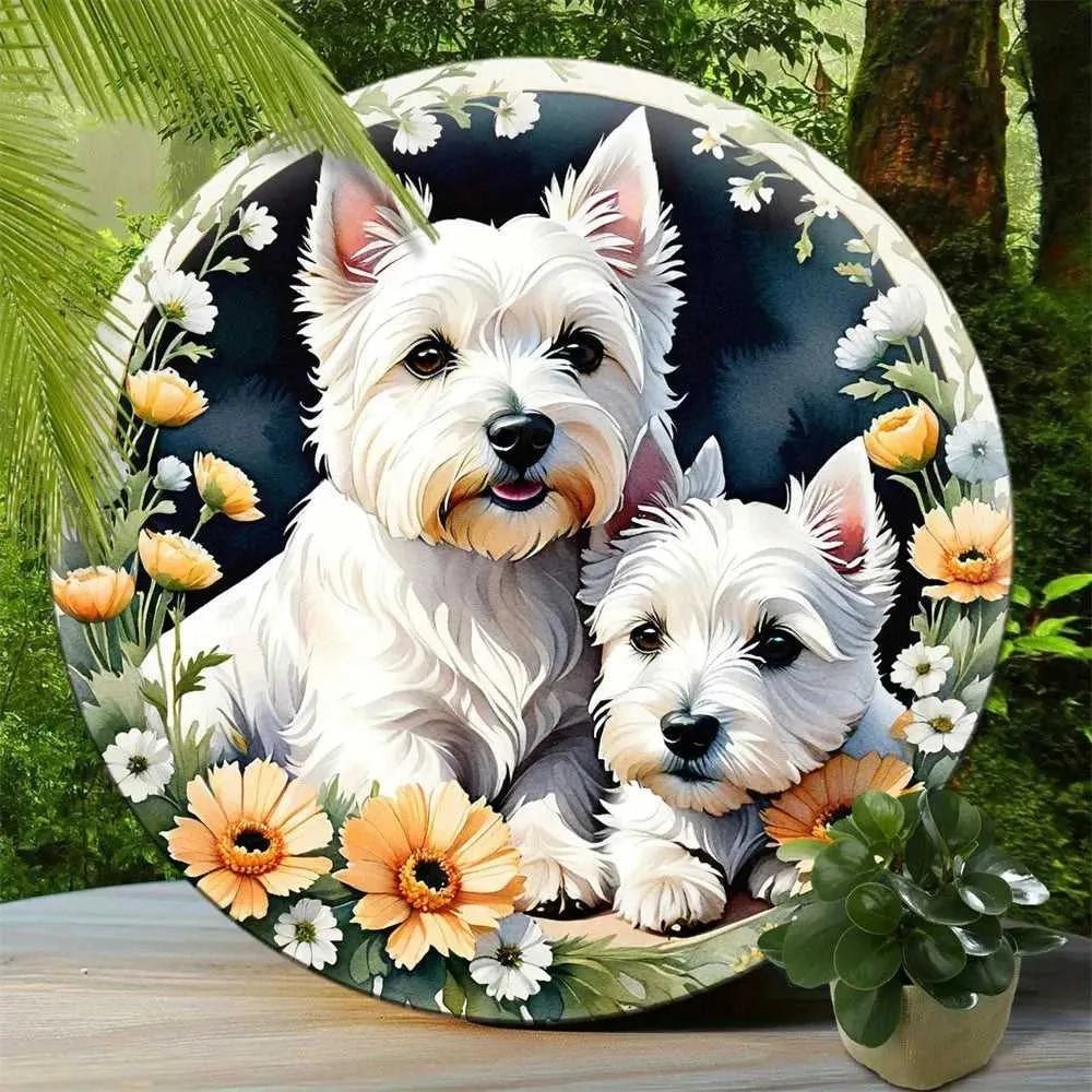 Round Metal Aluminum Sign Art Cute Dog Wreath Decorative Plates Entrance Decor Gift Mask Theme For Bar Club Home Room Wall Decor - Finnigan's Play Pen