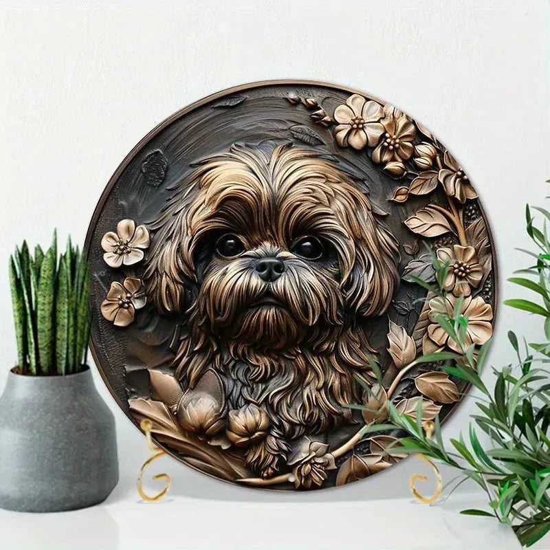 Round Metal Aluminum Sign Art Cute Dog Wreath Decorative Plates Entrance Decor Gift Mask Theme For Bar Club Home Room Wall Decor - Finnigan's Play Pen