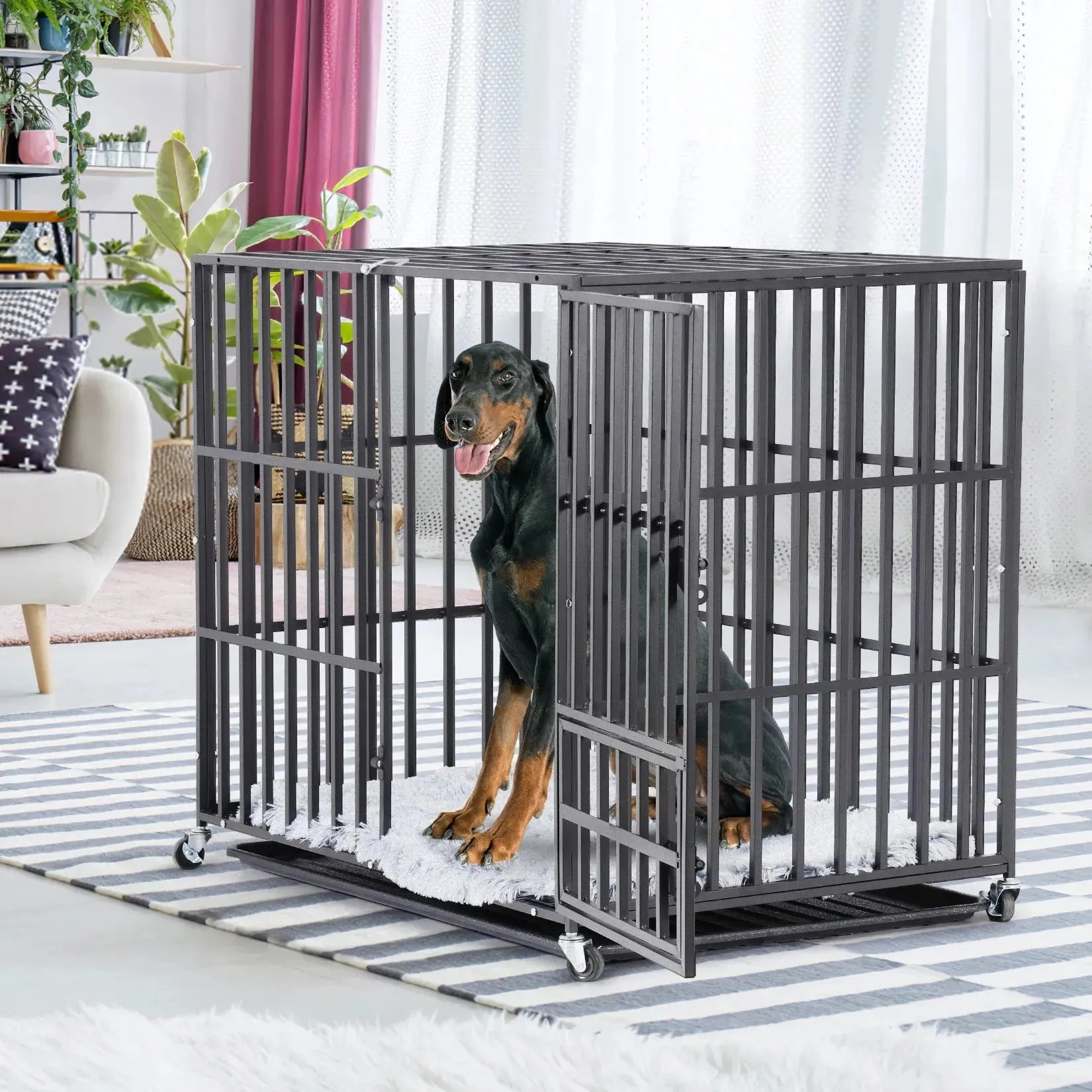 Mobile Heavy Duty Dog Crate Cage Metal Pet Kennel Playpen with 3 Doors Locks Design & Bottom Tray - Finnigan's Play Pen
