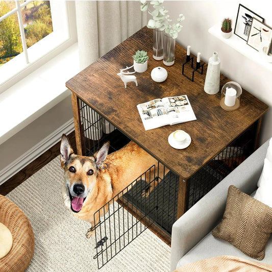 Spacious Dog Cage Furniture End Table Pet Kennel Crate Indoor Wooden Furniture Brown Medium and Large Animal Cage - Finnigan's Play Pen