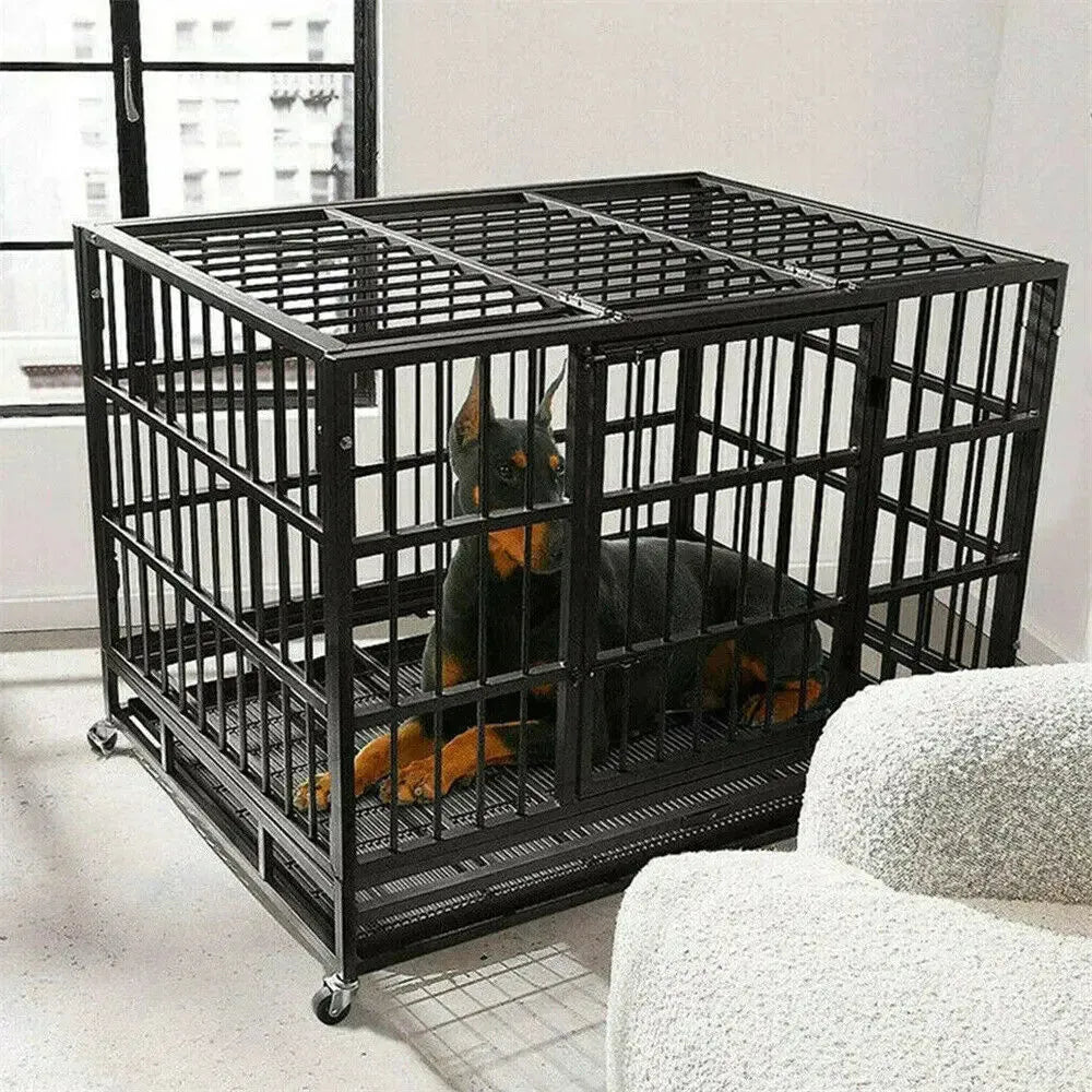 L XL XXL Heavy Duty Dog Crate with 4 Lockable Wheels 3 Doors and Removable Tray Metal Pet Kennels Cage Playpen - Finnigan's Play Pen