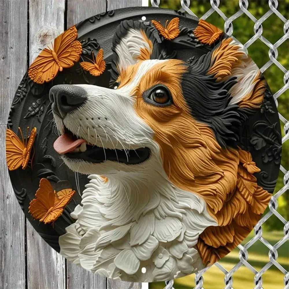 Cute Dog Gift Mask Theme Round Metal Aluminum Sign Art Desktop Decorative Plates For Bar Cafe Club Yard Home Office Wall Decor - Finnigan's Play Pen