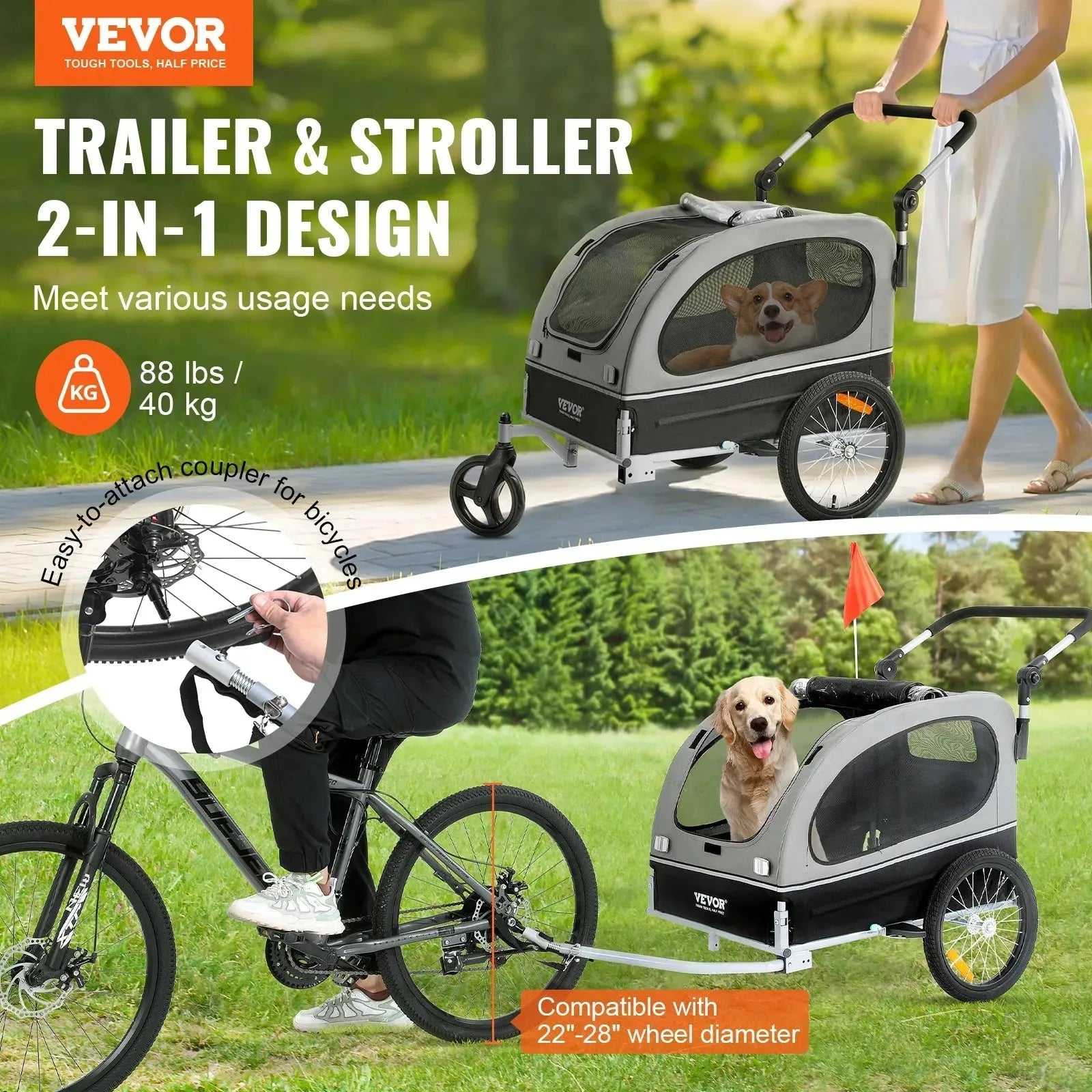 VEVOR 88 lbs 2 - in - 1 Pet Stroller Cart Dog Bike Trailer with Wheels Reflectors Easy Folding Cart Frame Bicycle Coupler Carrier - Finnigan's Play Pen