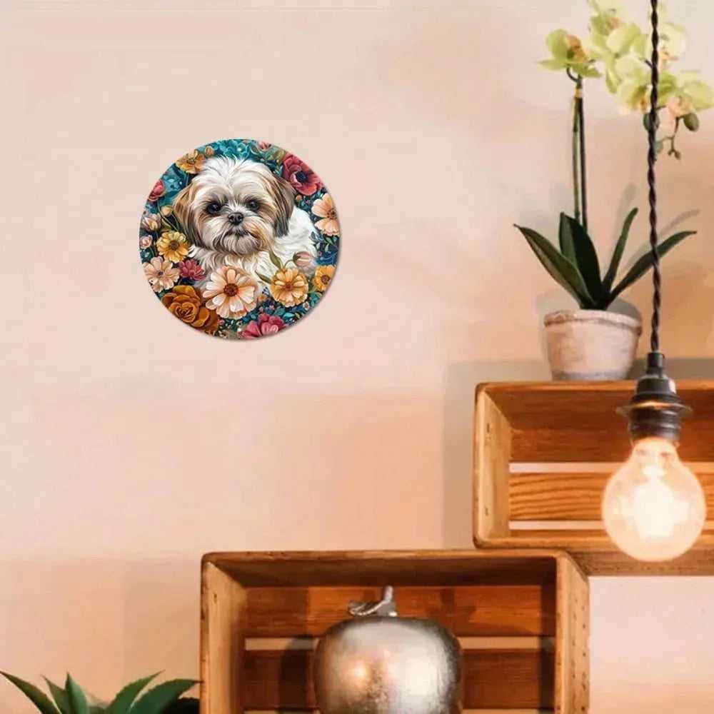 Round Metal Aluminum Sign Art Cute Dog Wreath Decorative Plates Entrance Decor Gift Mask Theme For Bar Club Home Room Wall Decor - Finnigan's Play Pen