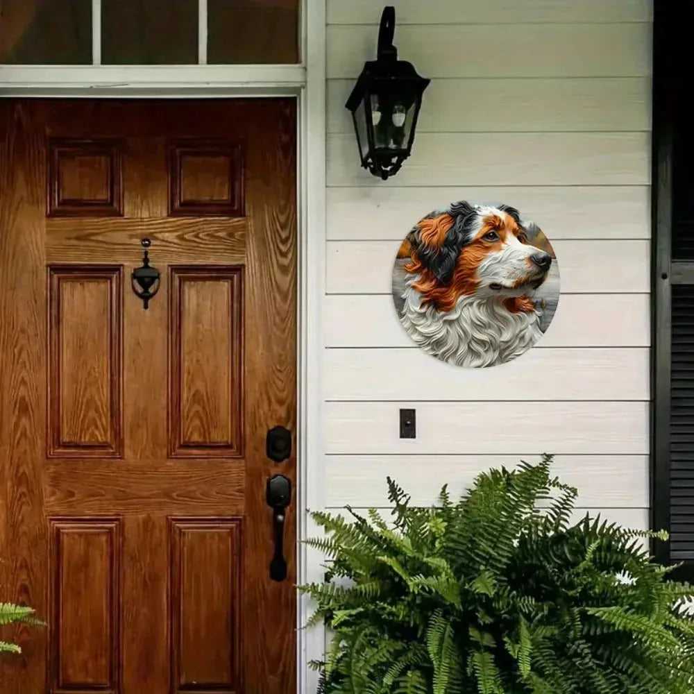 Round Metal Aluminum Sign Art Cute Dog Wreath Decorative Plates Entrance Decor Gift Mask Theme For Bar Club Home Room Wall Decor - Finnigan's Play Pen