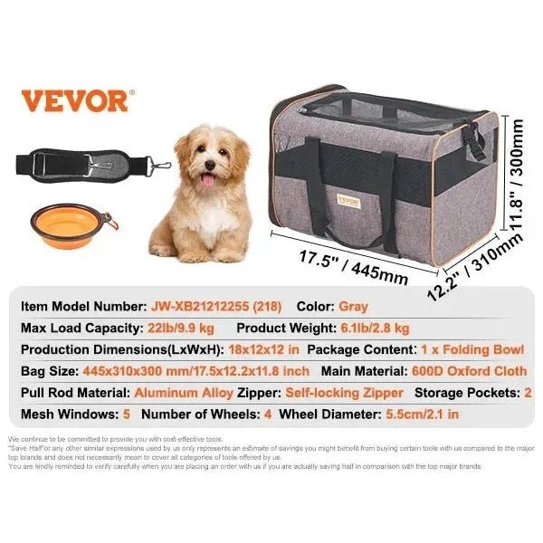 VEVOR Pet Cat Carrier Breathable Outgoing Dog Carry Backpack with Telescopic Handle Wheels and Shoulder Strap for Travel Trip - Finnigan's Play Pen
