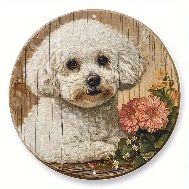 Round Metal Aluminum Sign Faux Embossing Wreath Sign Living Room Decoration Mother's Day Gifts French Bulldog Themed Decoration - Finnigan's Play Pen