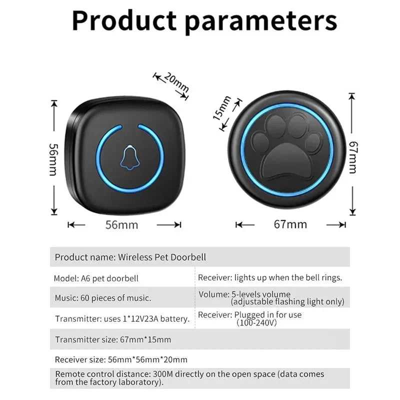 Pet Touch Ringer Button Bell 300M/984ft Range 60 Songs High Volume Doorbell For Cat & Dog Training Door Bell Smart Home US EU - Finnigan's Play Pen