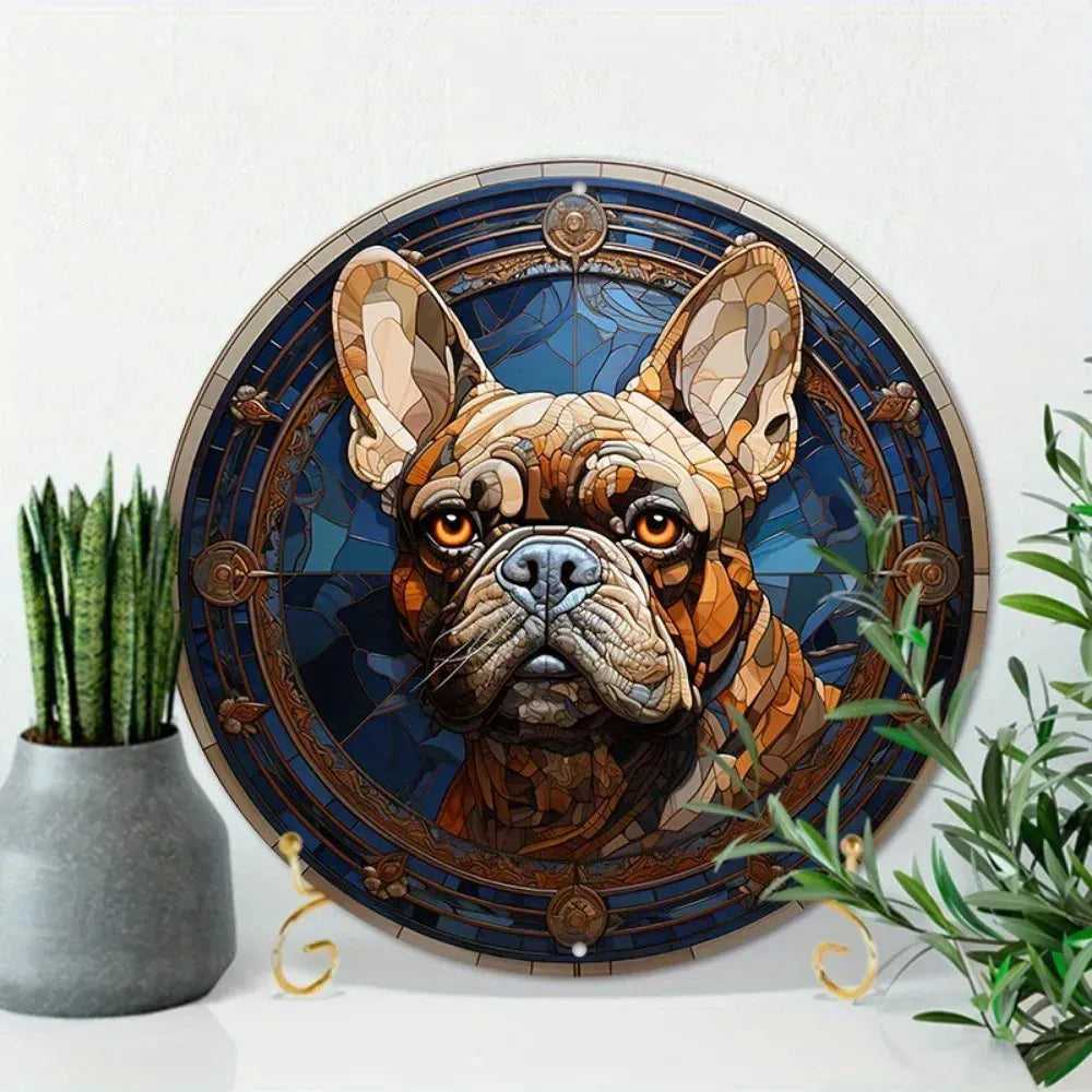Round Metal Aluminum Sign Art Cute Dog Wreath Decorative Plates Entrance Decor Gift Mask Theme For Bar Club Home Room Wall Decor - Finnigan's Play Pen