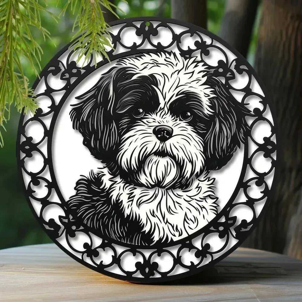 Cute Dog Gift Mask Theme Round Metal Aluminum Sign Art Desktop Decorative Plates For Bar Cafe Club Yard Home Office Wall Decor - Finnigan's Play Pen