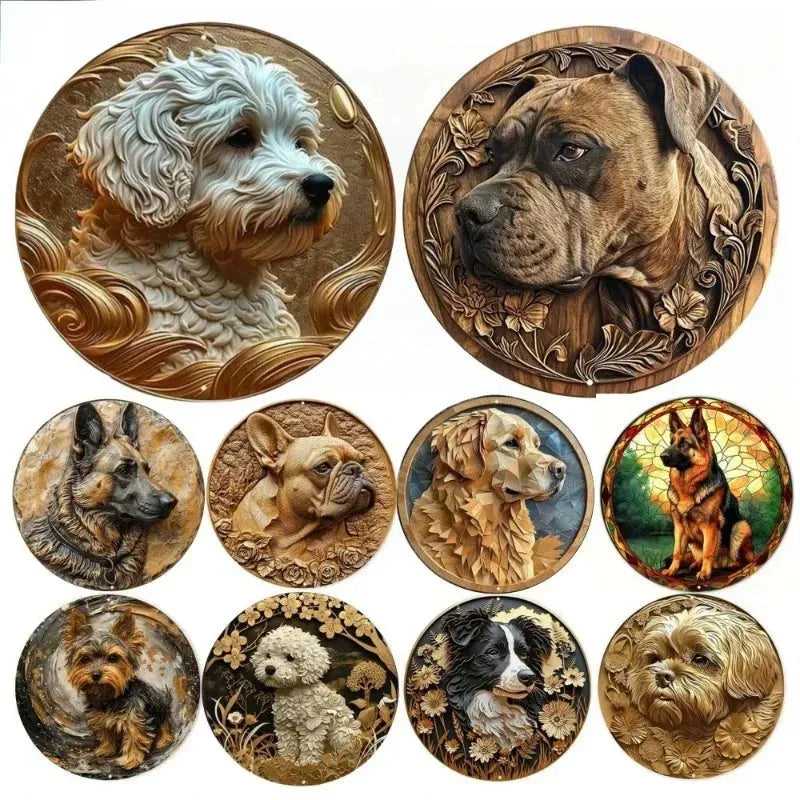 Round Metal Tin Sign Art Painting Wreath Decorative Plates Adorable Pet Cat Dog Plaque Poster for Bar Cafe Club Room Wall Decor