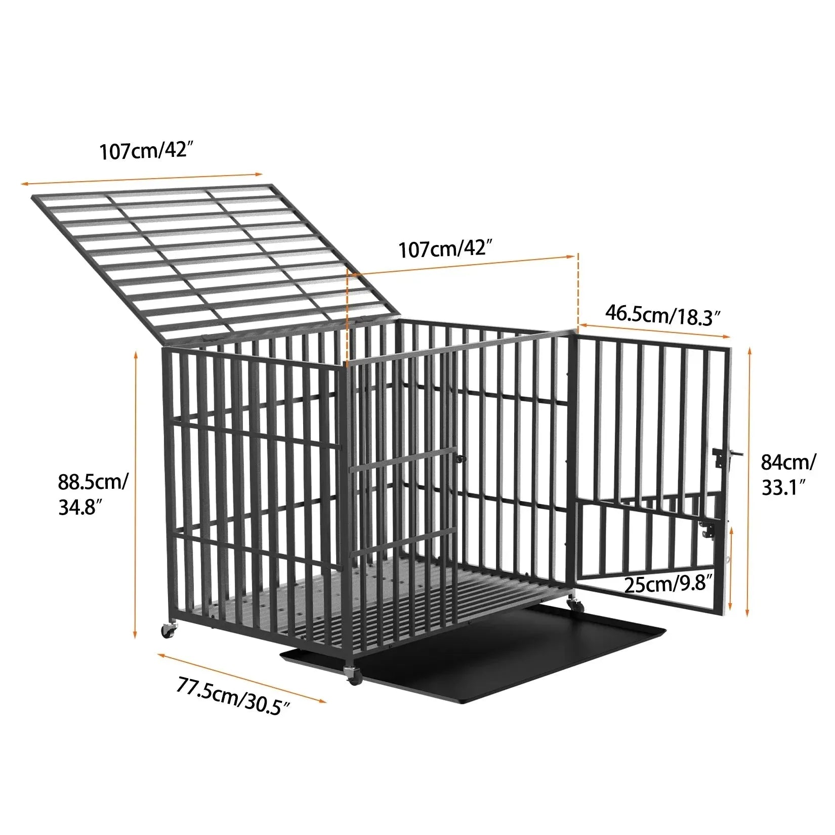 L XL XXL Heavy Duty Dog Crate with 4 Lockable Wheels 3 Doors and Removable Tray Metal Pet Kennels Cage Playpen - Finnigan's Play Pen