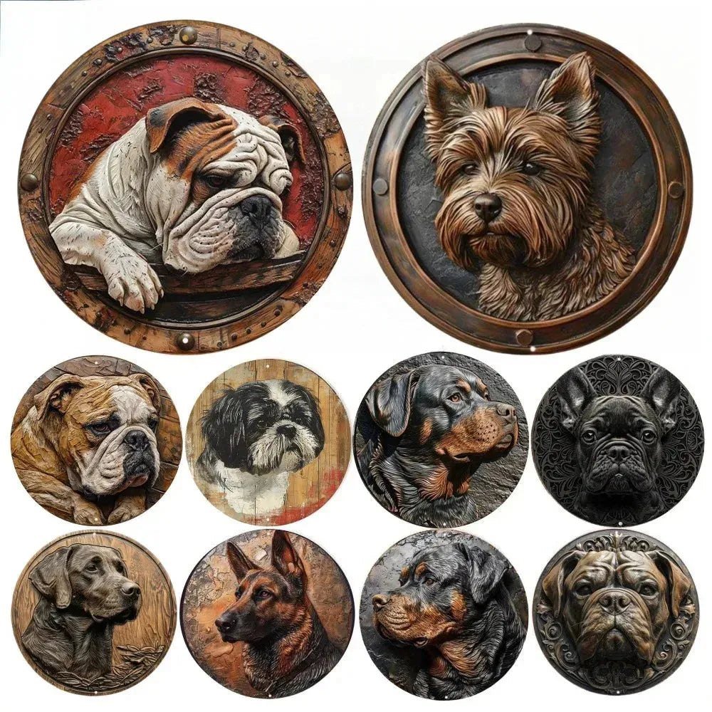 Round Metal Aluminum Sign Faux Embossing Wreath Sign Living Room Decoration Mother's Day Gifts French Bulldog Themed Decoration - Finnigan's Play Pen