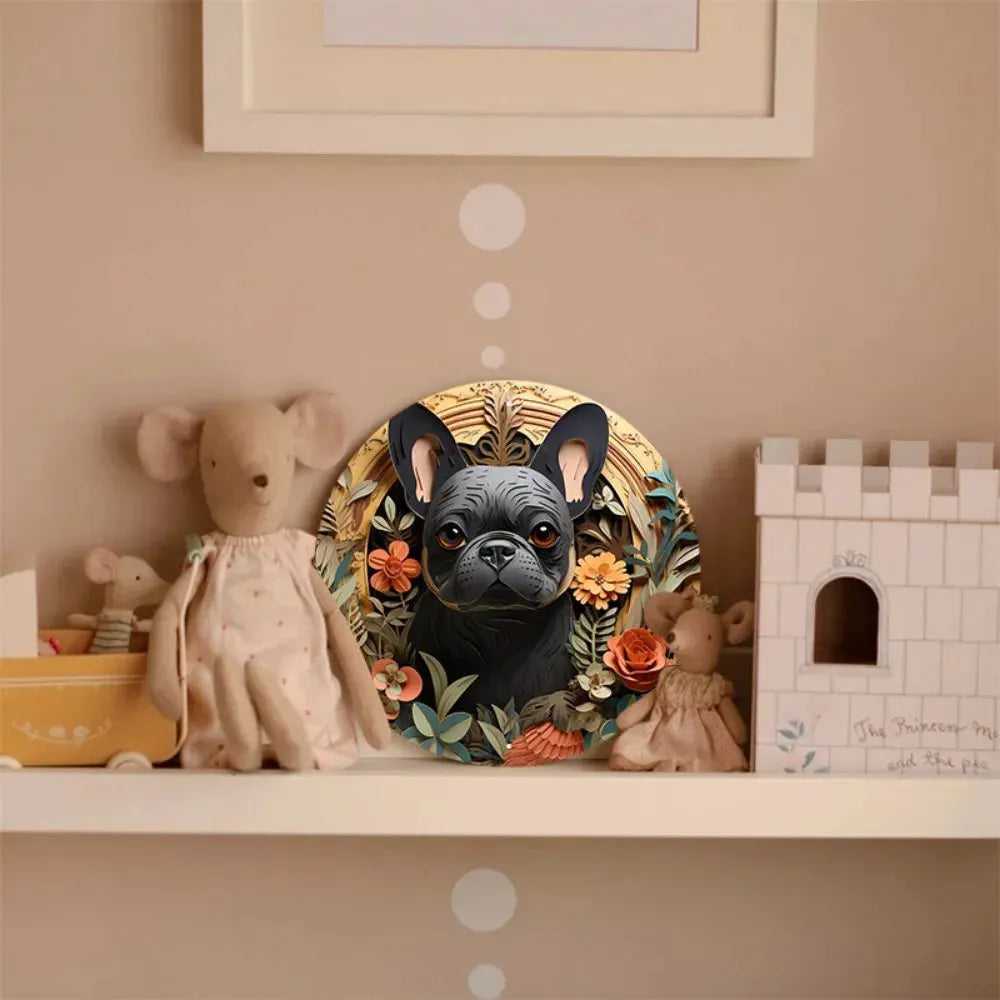 Round Metal Aluminum Sign Art Cute Dog Wreath Decorative Plates Entrance Decor Gift Mask Theme For Bar Club Home Room Wall Decor - Finnigan's Play Pen