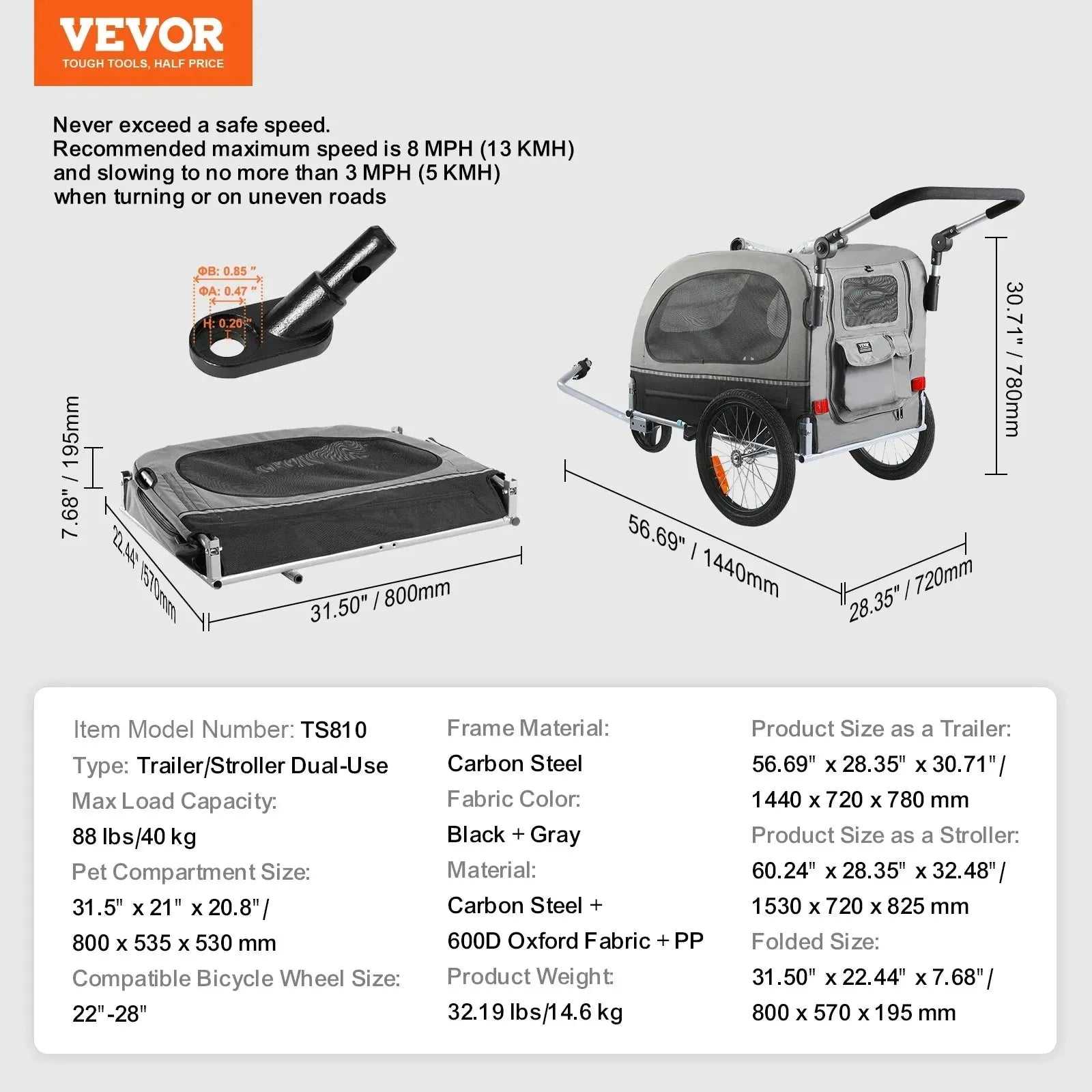 VEVOR 88 lbs 2 - in - 1 Pet Stroller Cart Dog Bike Trailer with Wheels Reflectors Easy Folding Cart Frame Bicycle Coupler Carrier - Finnigan's Play Pen