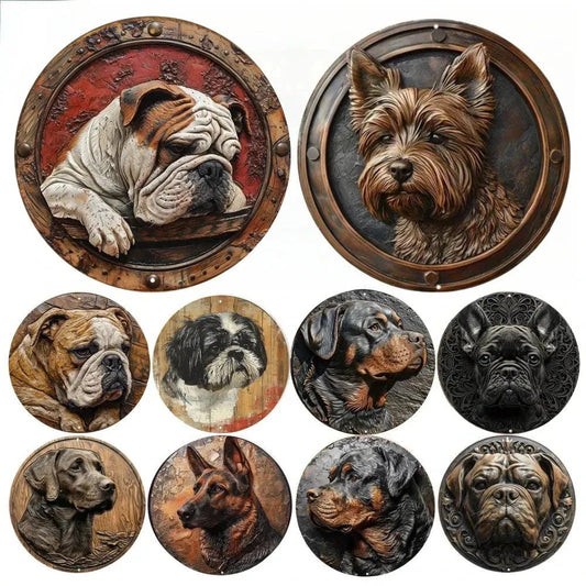 Round Metal Aluminum Sign Faux Embossing Wreath Sign Living Room Decoration Mother's Day Gifts French Bulldog Themed Decoration - Finnigan's Play Pen