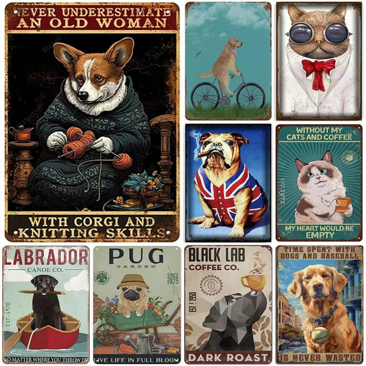 Dogs Metal Tin Signs Labrador Pug Wall Posters Plaque Sign Vintage Iron Painting Decoration for Home Cafe Living Room Club Bar - Finnigan's Play Pen
