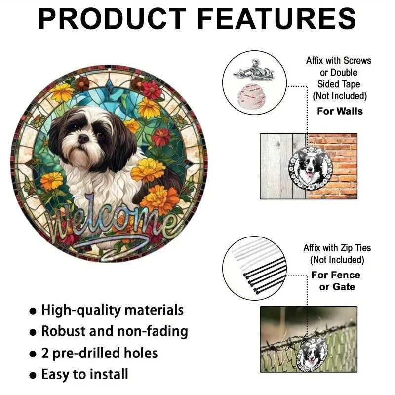 Round Metal Tin Sign Art Painting Wreath Decorative Plates Adorable Pet Cat Dog Plaque Poster for Bar Cafe Club Room Wall Decor