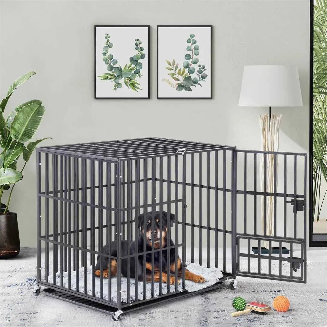 Mobile Heavy Duty Dog Crate Cage Metal Pet Kennel Playpen with 3 Doors Locks Design & Bottom Tray - Finnigan's Play Pen