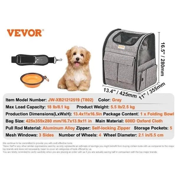 VEVOR Pet Cat Carrier Breathable Outgoing Dog Carry Backpack with Telescopic Handle Wheels and Shoulder Strap for Travel Trip - Finnigan's Play Pen
