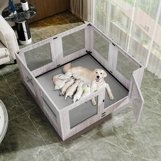 Tempered Glass Dog Puppies Playpen for Indoor Pet Whelping Pen Exercise Fence Box Cage with Waterproof Fertility Pad - Finnigan's Play Pen
