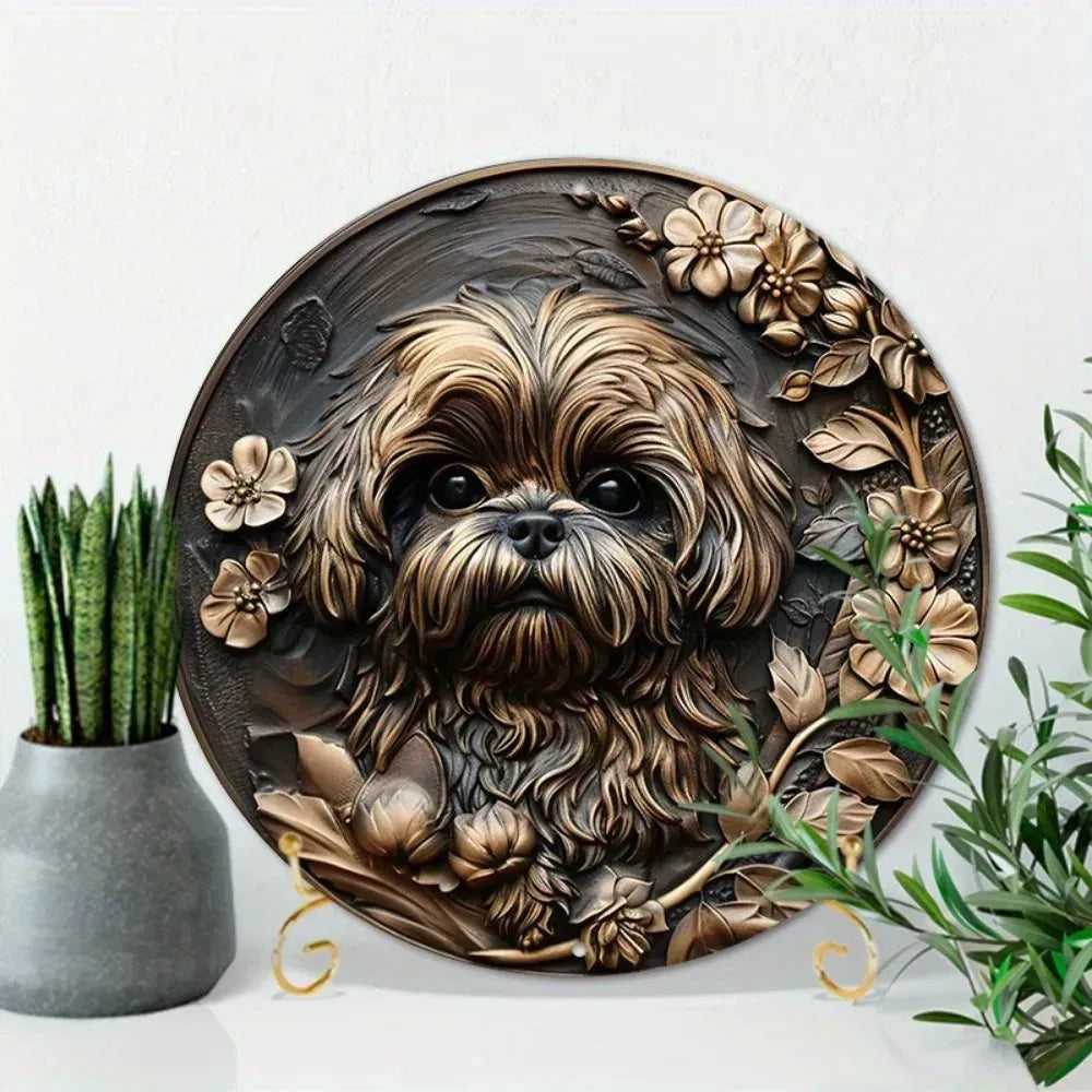 Round Metal Aluminum Sign Art Cute Dog Wreath Decorative Plates Entrance Decor Gift Mask Theme For Bar Club Home Room Wall Decor - Finnigan's Play Pen