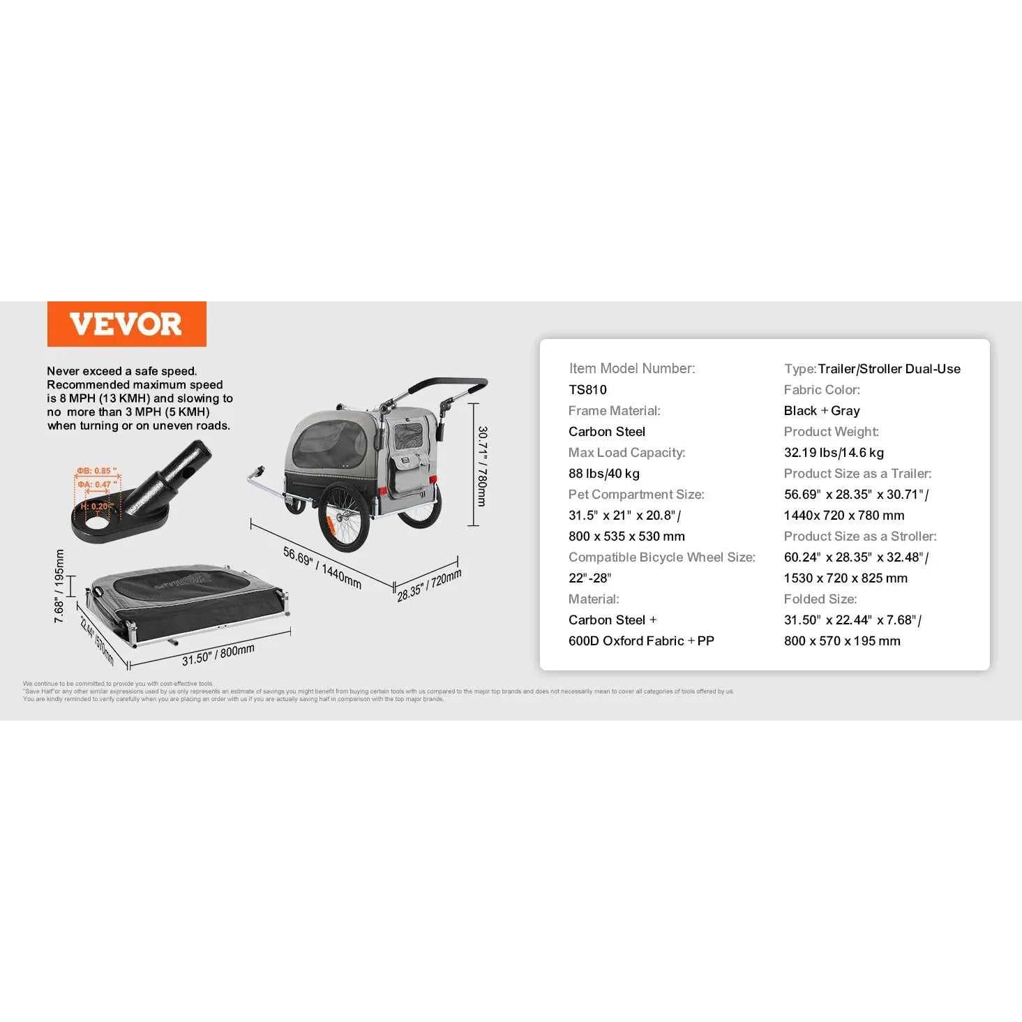 VEVOR 88 lbs 2 - in - 1 Pet Stroller Cart Dog Bike Trailer with Wheels Reflectors Easy Folding Cart Frame Bicycle Coupler Carrier - Finnigan's Play Pen