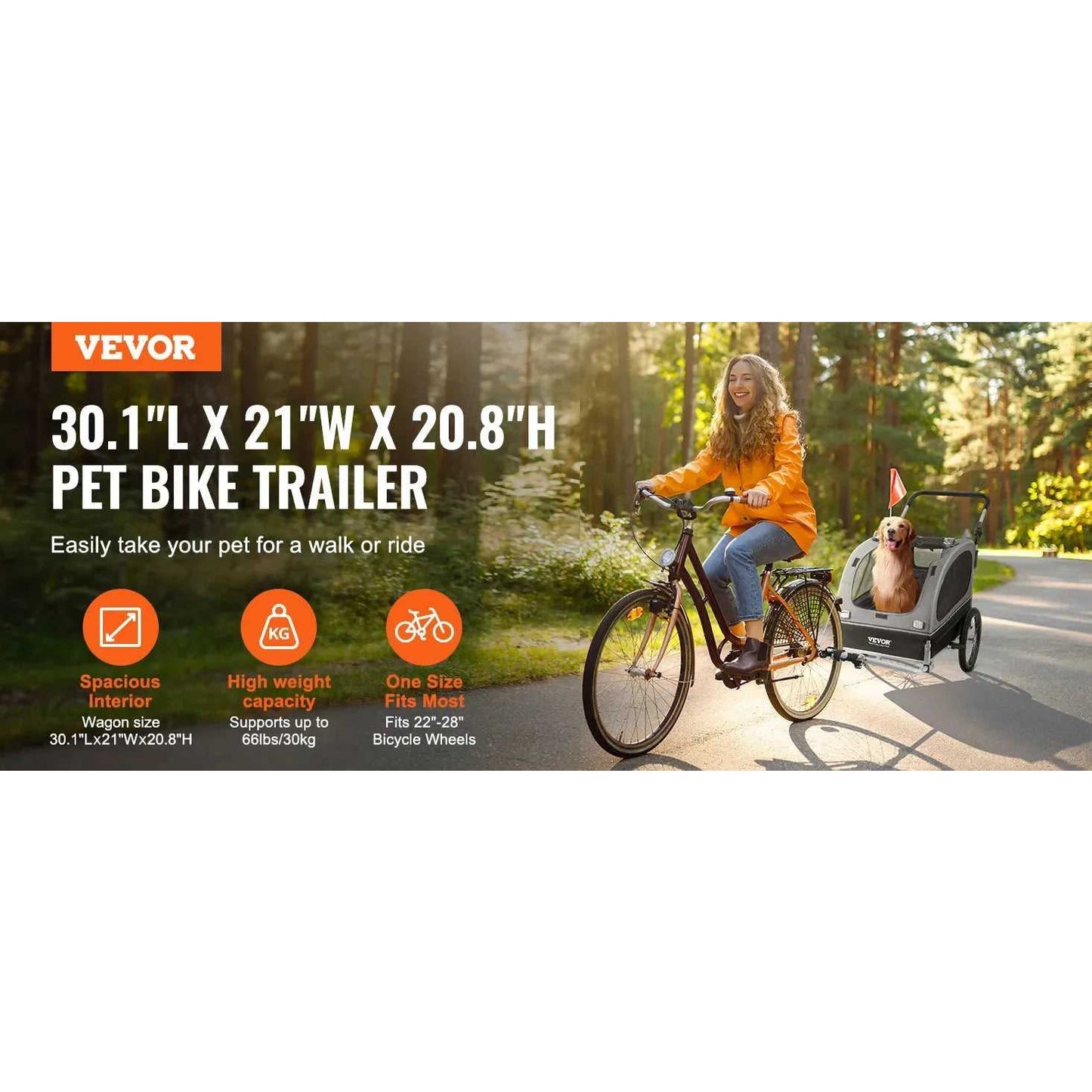 VEVOR 88 lbs 2-in-1 Pet Stroller Cart Dog Bike Trailer with Wheels Reflectors Easy Folding Cart Frame Bicycle Coupler Carrier