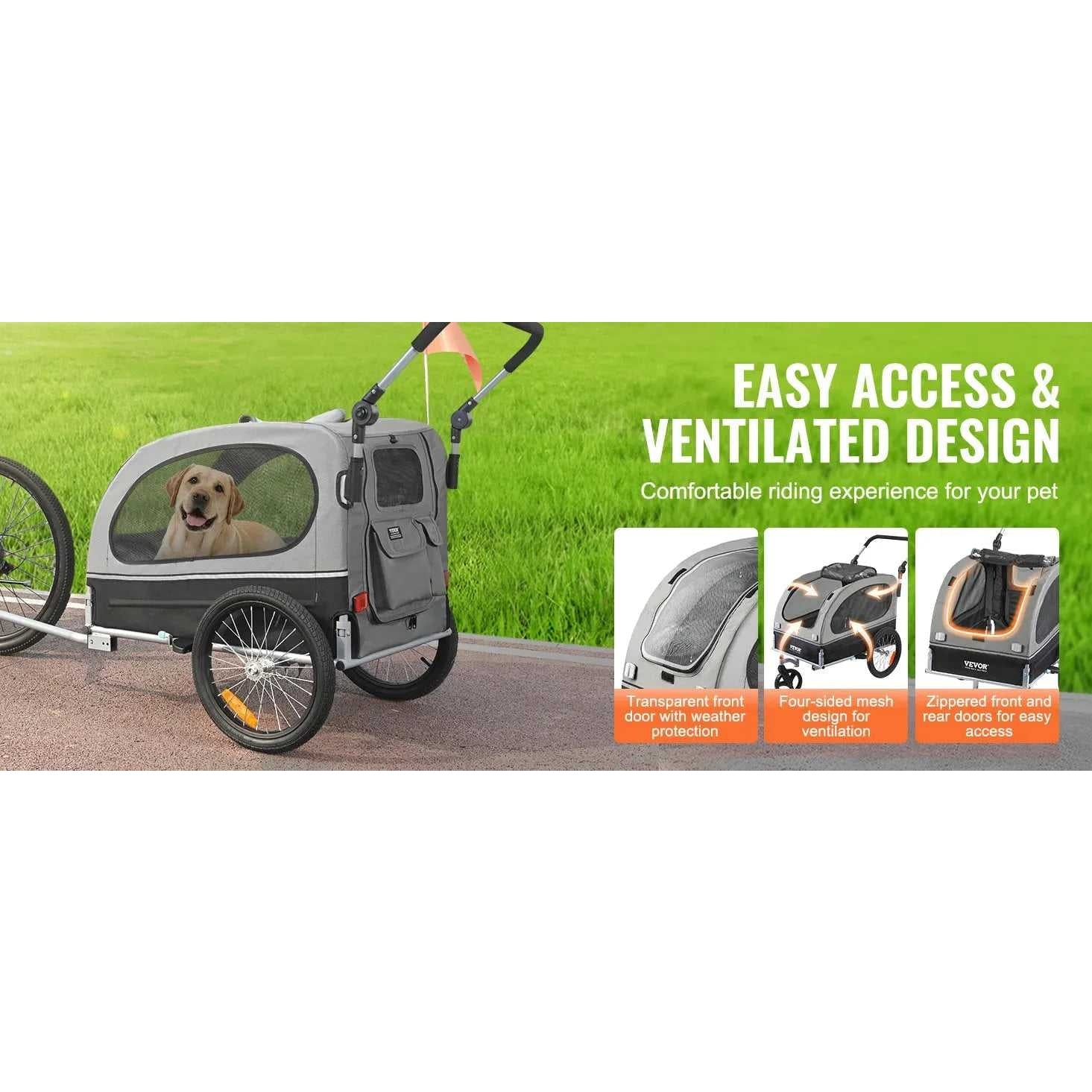 VEVOR 88 lbs 2 - in - 1 Pet Stroller Cart Dog Bike Trailer with Wheels Reflectors Easy Folding Cart Frame Bicycle Coupler Carrier - Finnigan's Play Pen