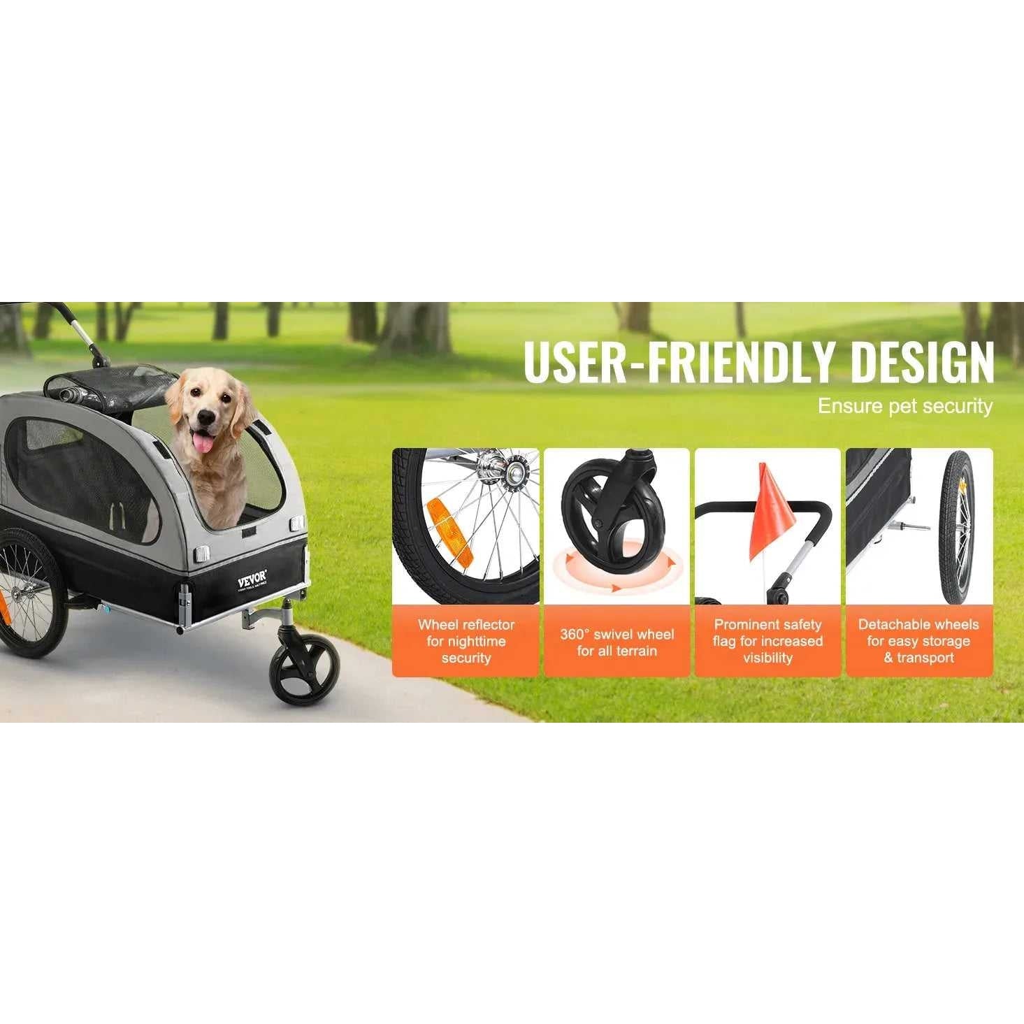 VEVOR 88 lbs 2 - in - 1 Pet Stroller Cart Dog Bike Trailer with Wheels Reflectors Easy Folding Cart Frame Bicycle Coupler Carrier - Finnigan's Play Pen