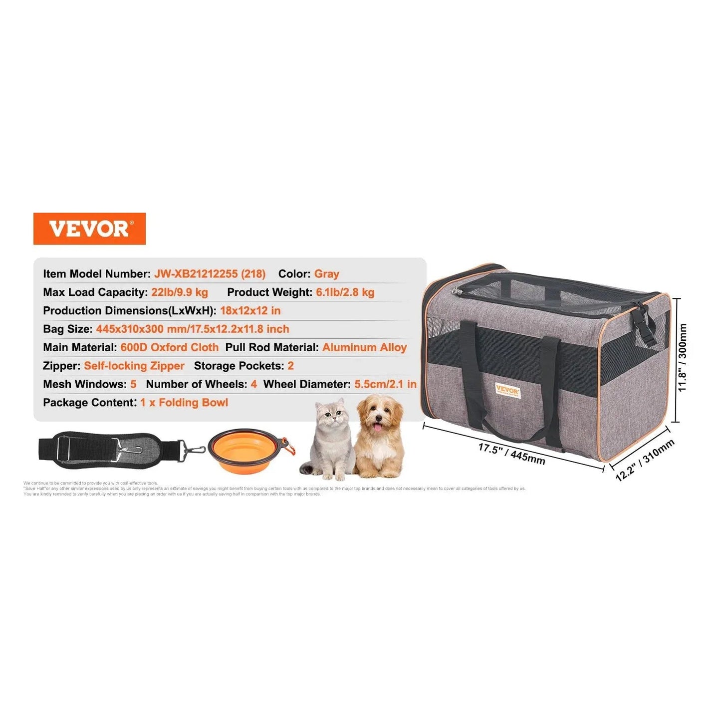 VEVOR Pet Cat Carrier Breathable Outgoing Dog Carry Backpack with Telescopic Handle Wheels and Shoulder Strap for Travel Trip