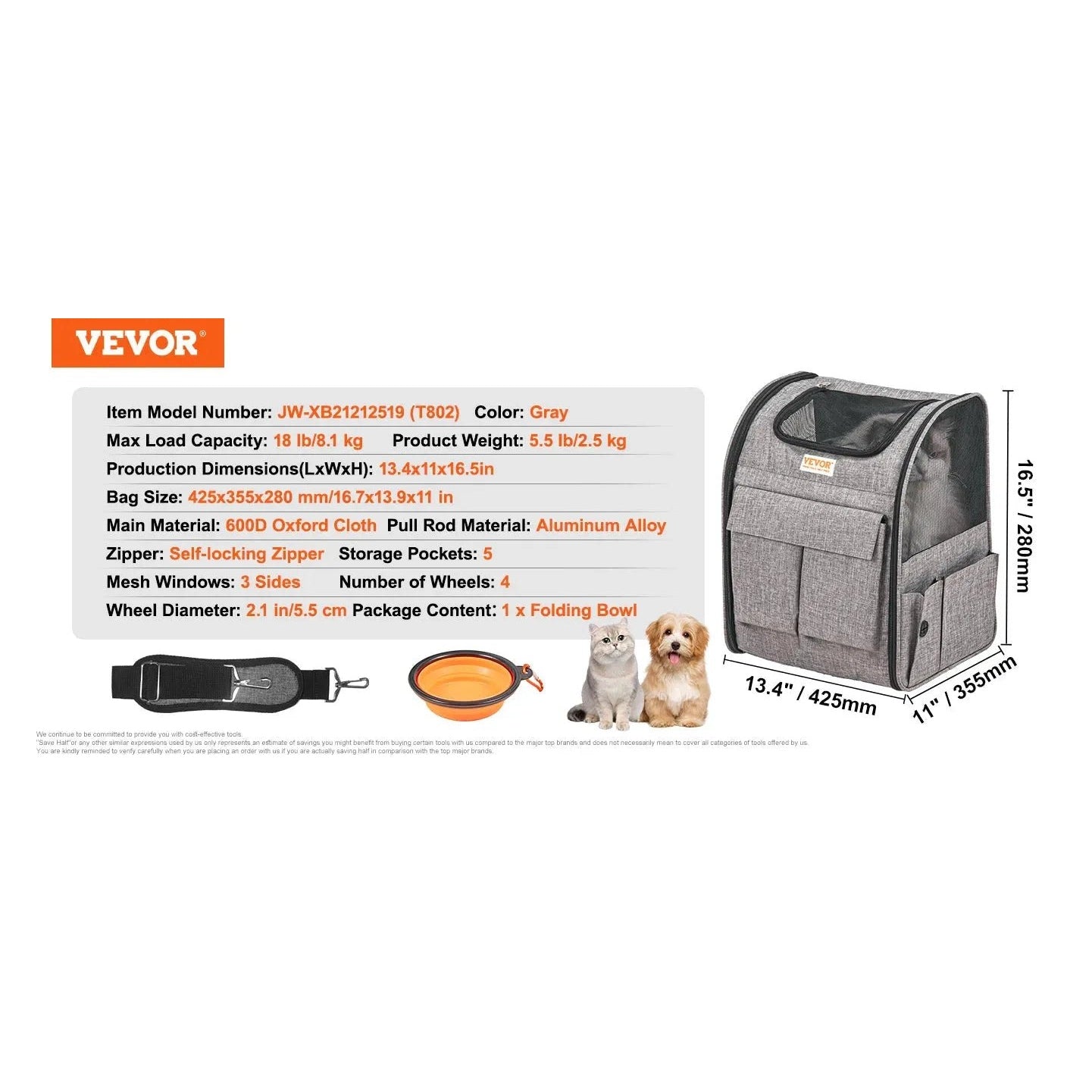 VEVOR Pet Cat Carrier Breathable Outgoing Dog Carry Backpack with Telescopic Handle Wheels and Shoulder Strap for Travel Trip